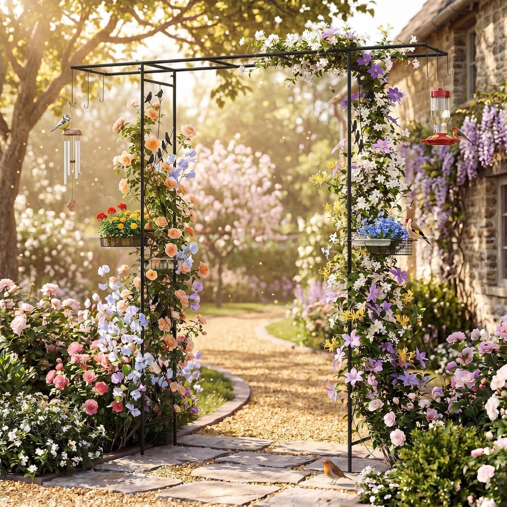 Mangiatoia per Uccelli da Giardino, Mangiatoia per Uccellini da Esterno con Arco per Piante Rampicanti, Vassoio a Rete e Kit di Gancio (Nero)
