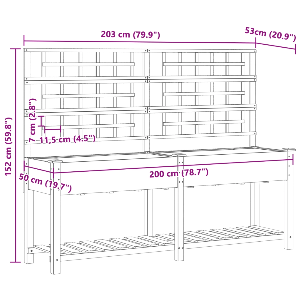 Pianter a Giardino con Trellis e Ripiano 203x53x152 cm in Legno Massello di Pino