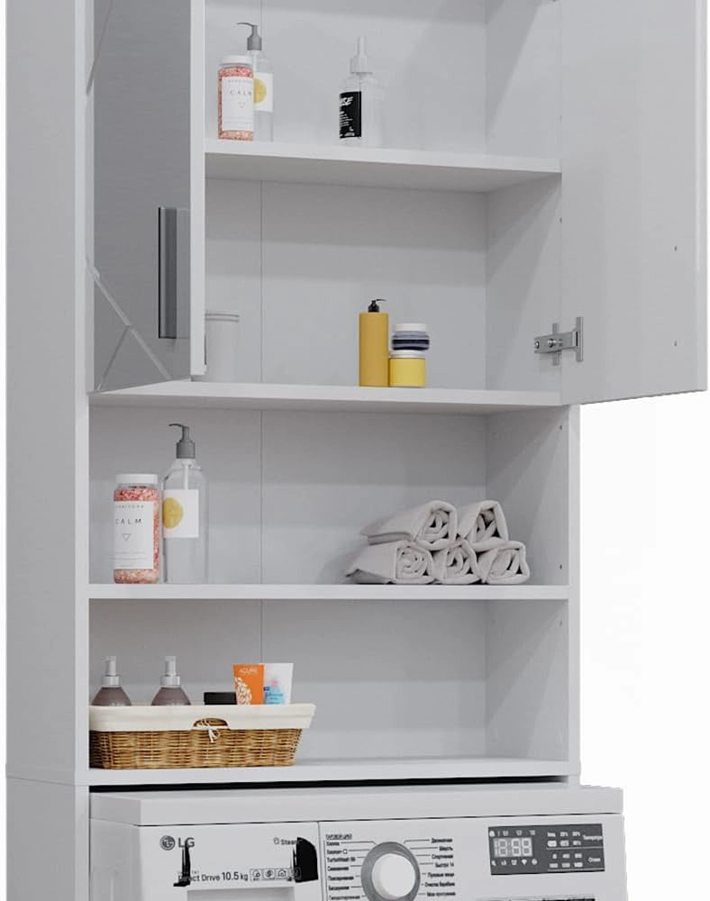 Mobiletto per lavatrice Irma, Bianco lucido, 64 x 190.5 cm, adatto per riporre oggetti e come supporto per lavatrici