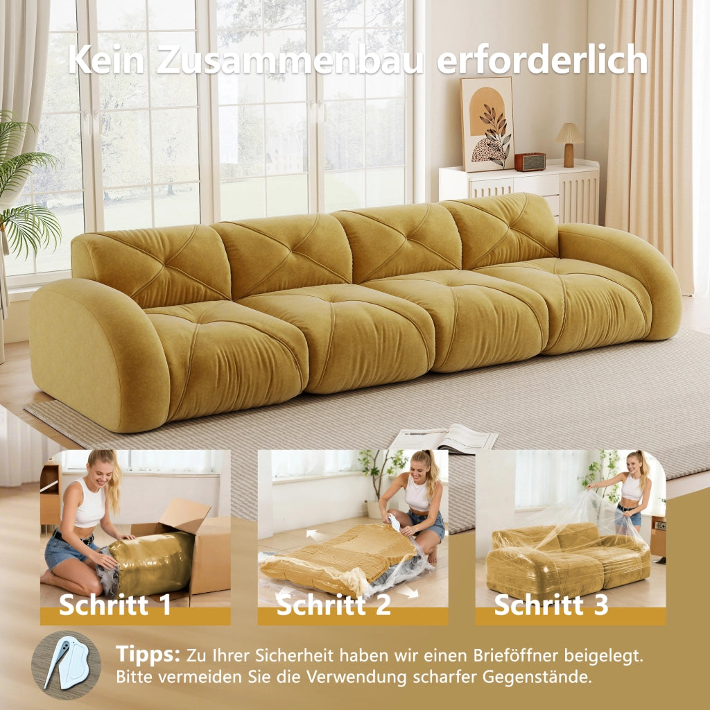 Divano modulare a 4 posti senza telaio con schiuma 32D e tessuto chenille antiscivolo giallo 358 × 95 × 76 cm
