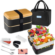 Borsa per il pranzo a 2 livelli - 2 pezzi - Nero - PP e acciaio inossidabile