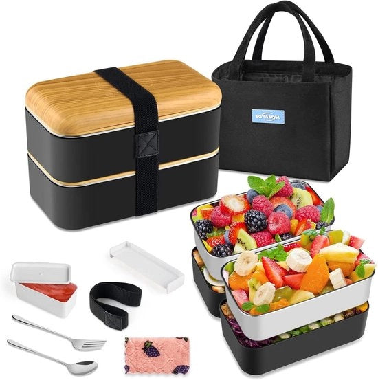 Borsa per il pranzo a 2 livelli - 2 pezzi - Nero - PP e acciaio inossidabile