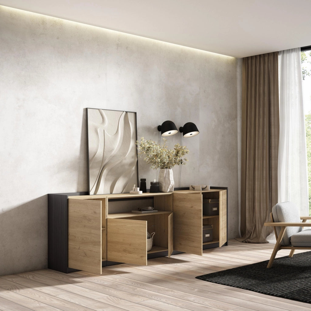 Credenza, Mobile, Cucina, 260x80x37 cm, 5 Porte, grande stoccaggio, Rovere e nero