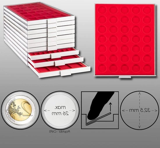 Scatola per monete grigia con 35 compartimenti per monete da 10/20 € - pezzo di inserimento rosso - monete fino a 325 mm