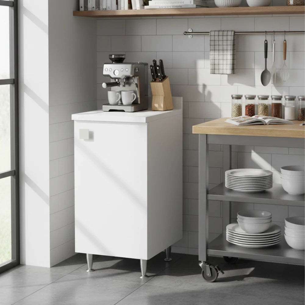 Mobiletto con Alzatina Bianco | Mobile Multiuso con Piedini in Metallo e Ripiano Regolabile | Già Assemblato per Bagno, Lavanderia, Cucina e Ingresso