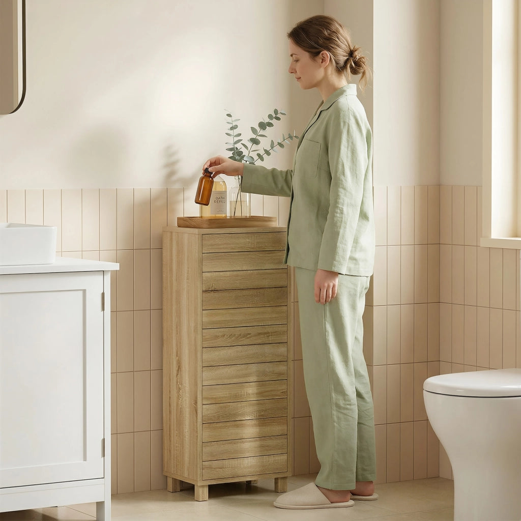 Mobiletto Bagno con Ante a Listelli e Ripiani Regolabili ¨C Zephmum ¨C Naturale 34x23x84 cm