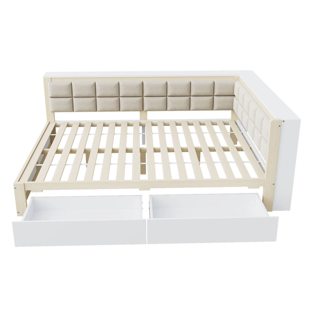 Divano letto 140x200 cm con schienale morbido e 2 cassetti in legno colore naturale