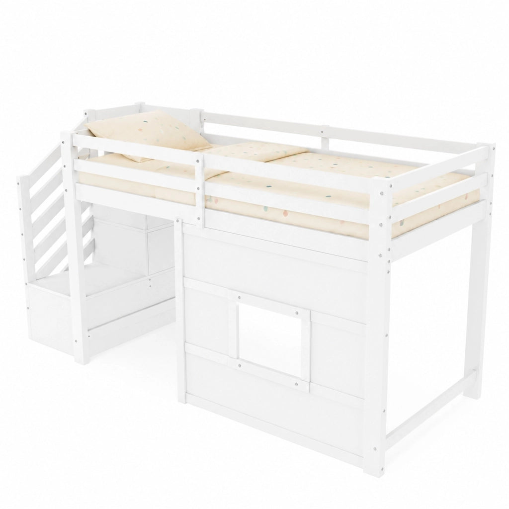 Letto a soppalco 90x200 cm bianco con scala contenitore, finestra e LED