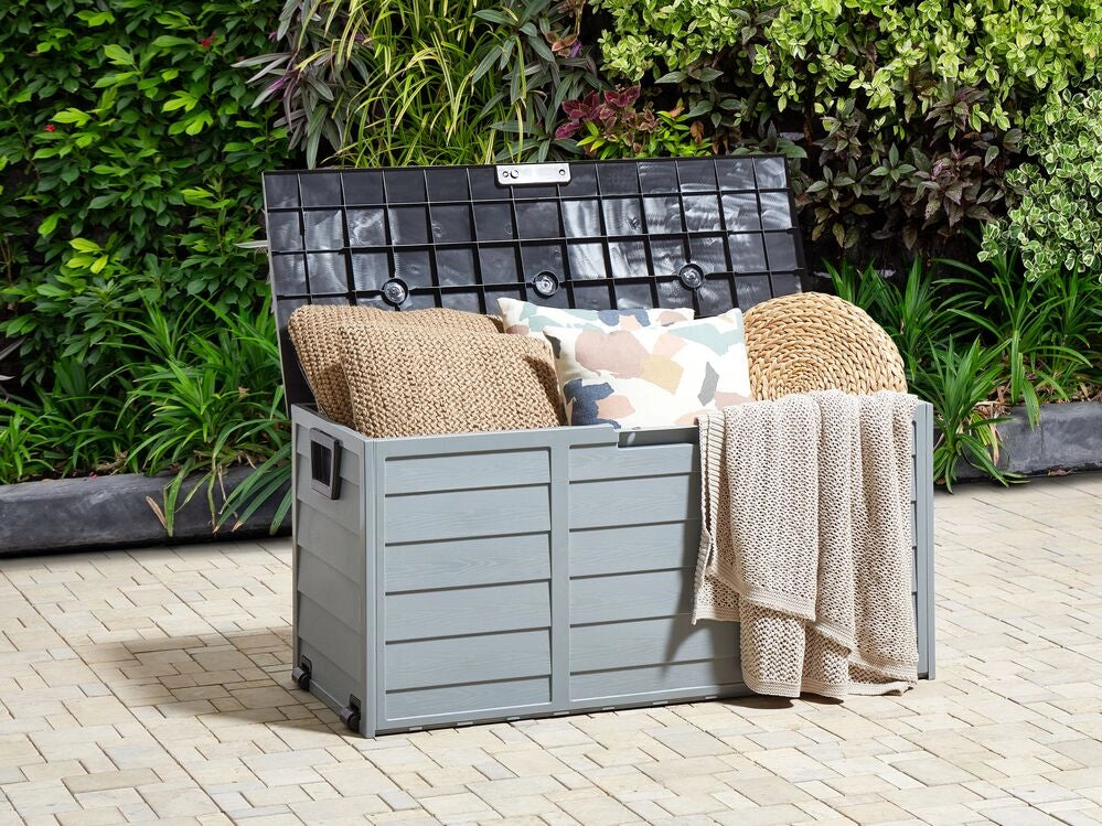 Cesta baule portaoggetti da giardino in plastica grigio nero 112 x 50 cm con manici ruote Cassetta degli attrezzi da esterno