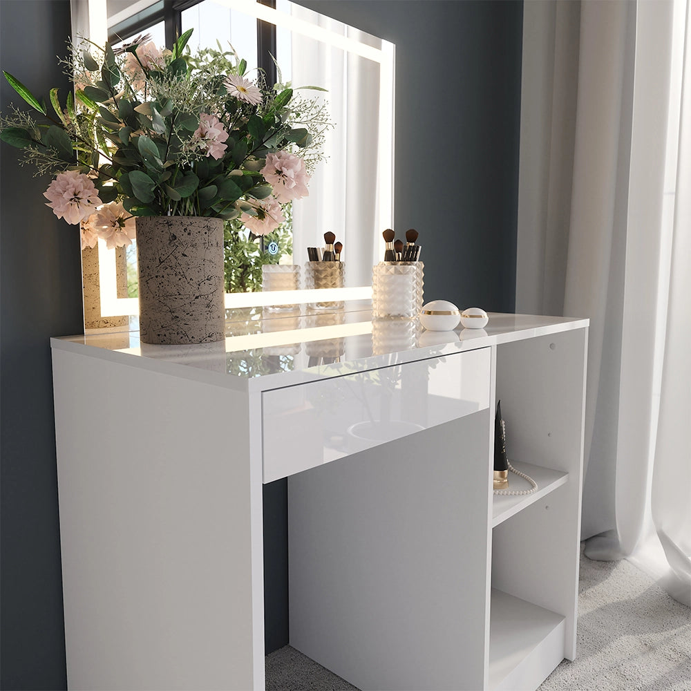 Vicco Tavolo da toeletta Bianco/bianco lucido 89.8 cm con specchio LED