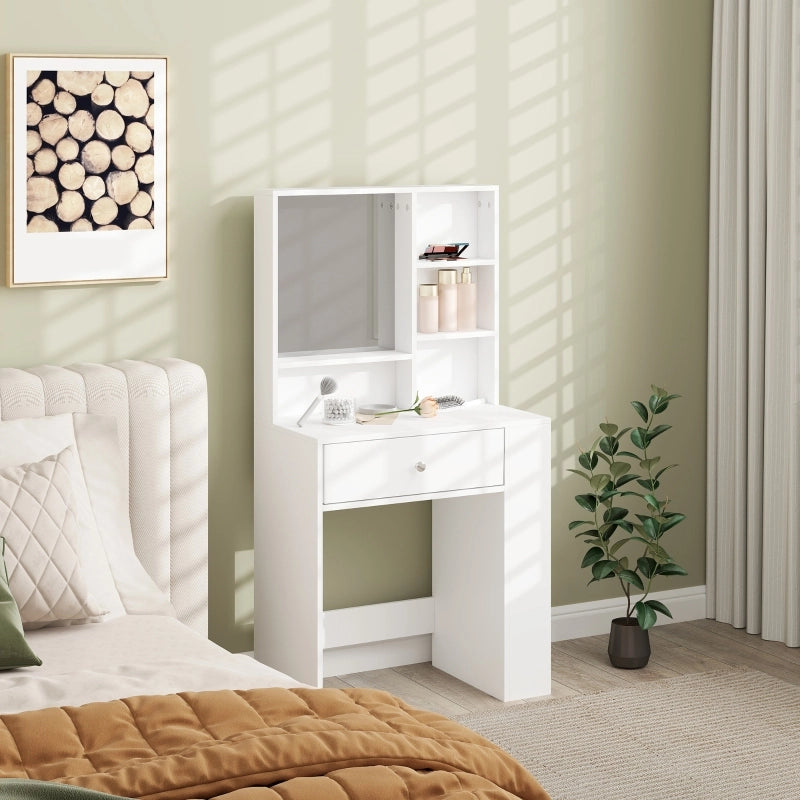 Tavolo da trucco con specchio, cassetto, ripiano laterale a 3 livelli, in truciolato, bianco