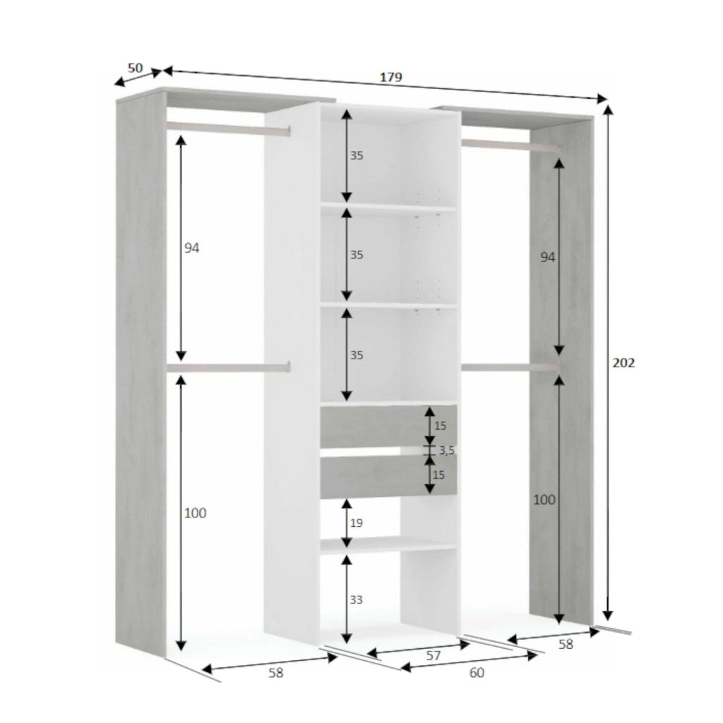 Guardaroba Amico, Struttura per cabina armadio, Armadio aperto senza ante, Cabina armadio, cm 179x50h202, Bianco e Cemento