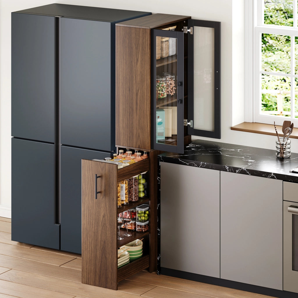 Mobile dispensa stretto 60×30×180 cm con ante in vetro, carrello estraibile e 4 ripiani