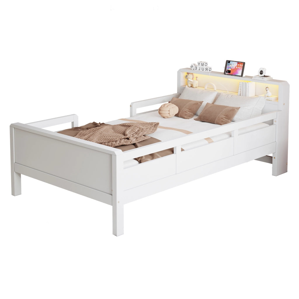 LETTO Multifunzione 90x200 cm Bianco in legno con LED e presa USB/USB-C