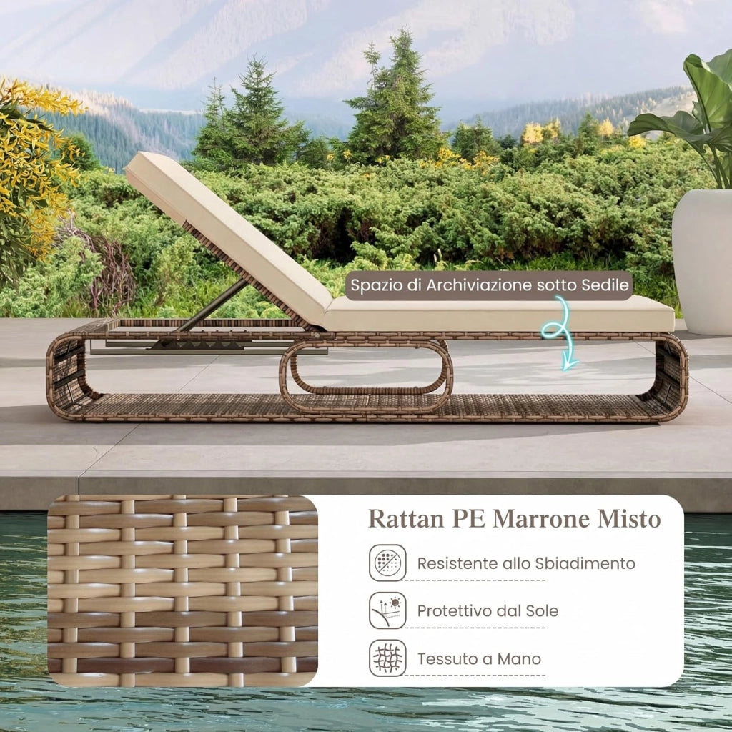 Sedia a Sdraio Imbottita in Rattan PE, Lettino Prendisole con Cuscino Morbido, Spazio di Stoccaggio e Schienale Regolabile a 7 Posizioni, Portata 180 kg, per Piscina e Giardino (2, Marrone)