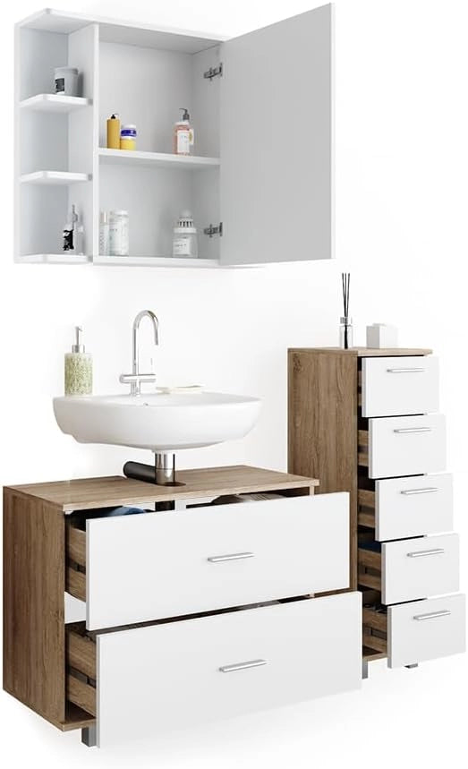 Set mobili bagno Ilias, Bianco/Sonoma, 80 cm, composto da mobile sottolavabo, specchiera e mobile medio