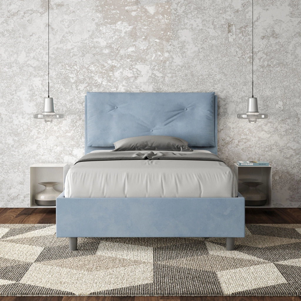 BS COM Letto una piazza e mezza con rete imbottito 110x200 microfibra azzurro