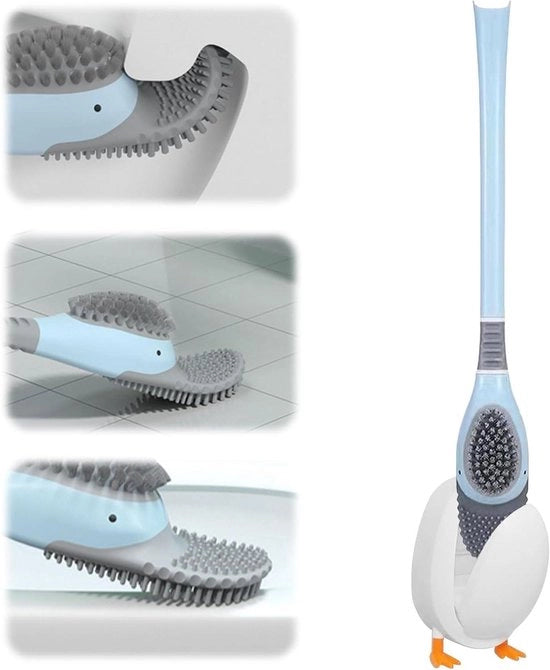 Spazzolino per il water, con setole in silicone e spazzola per la zona intorno al water, con appoggio per spazzolino in posizione verticale, prodotto creativo per la stanza da bagno.