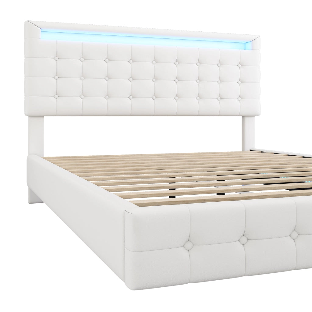 LETTO Flottante 140x200 cm in PU Bianco con LED e testiera regolabile