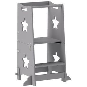 Scala Montessori Convertibile  60x44.5x86 cm in Set Tavolo e Sedie con Barra di Sicurezza in Legno Grigio