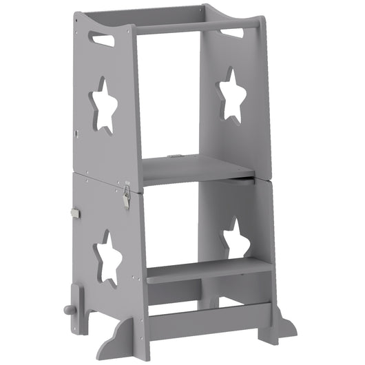 Scala Montessori Convertibile  60x44.5x86 cm in Set Tavolo e Sedie con Barra di Sicurezza in Legno Grigio