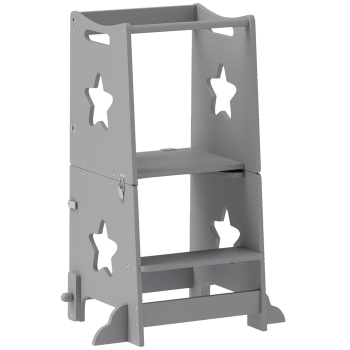 Scala Montessori Convertibile  60x44.5x86 cm in Set Tavolo e Sedie con Barra di Sicurezza in Legno Grigio