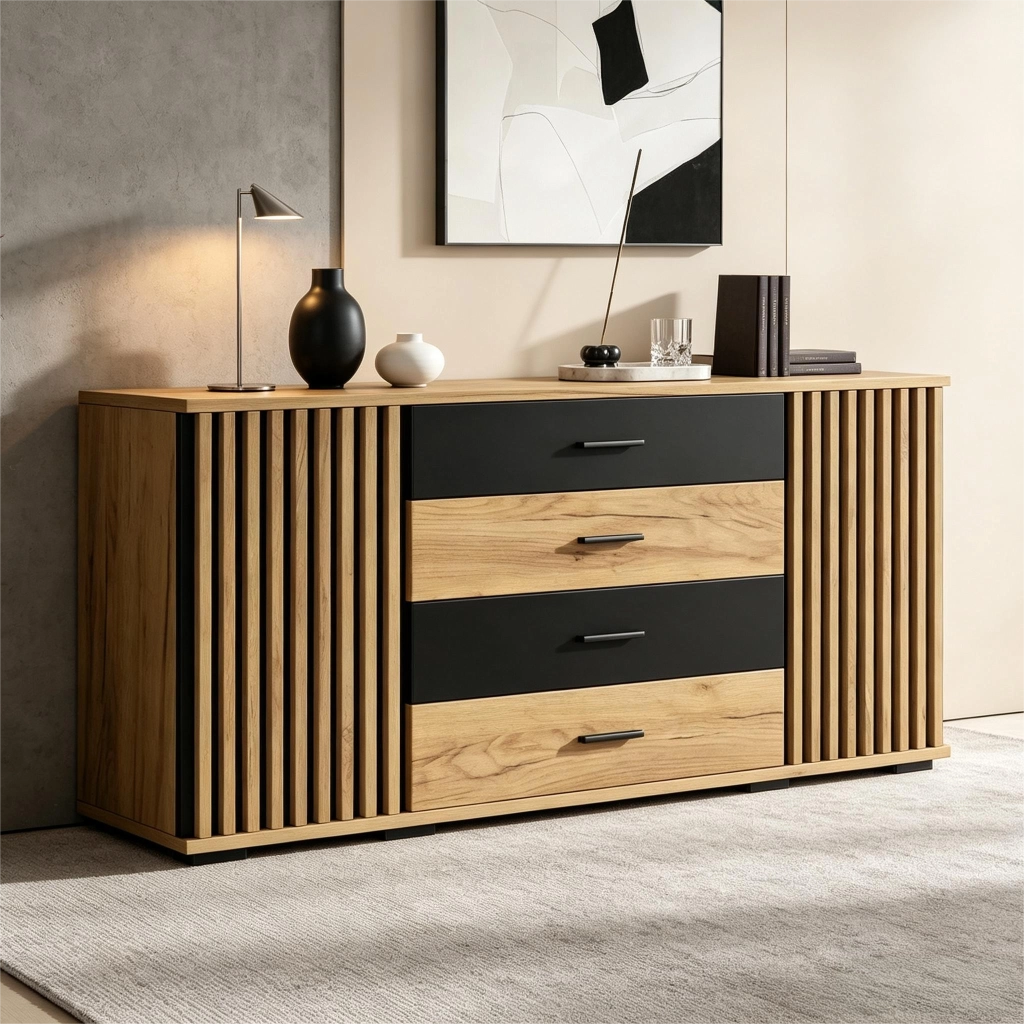 Sideboard 140×35×70 cm in MDF con 4 cassetti e 2 ante, mobile contenitore in effetto rovere nero
