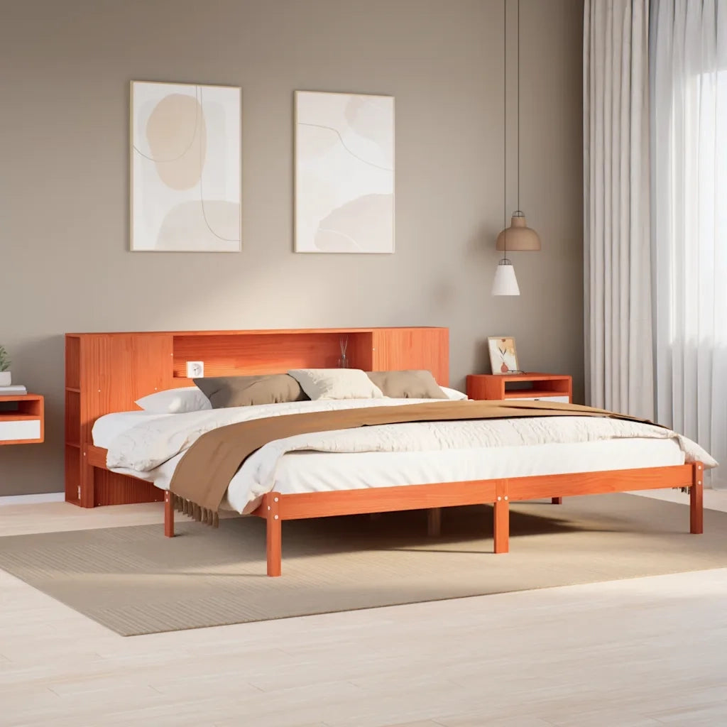 Letto Libreria senza Materasso-Struttura Letto con contenitore Marrone Cera 200x200 cm in Pino 909891