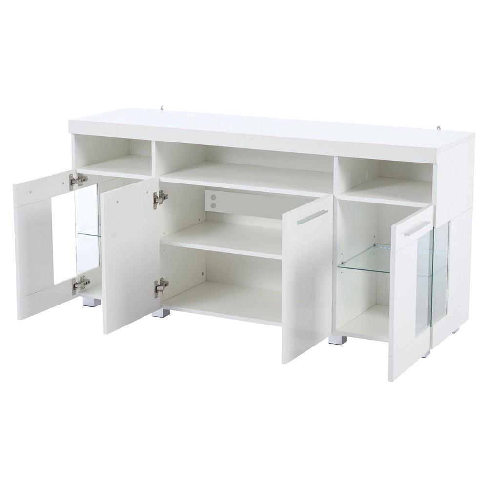 Tavolino da Salotto ¨C MINIMAL ¨C Vetro Temperato, Bianco Lucido, LED, 140x40x70 cm