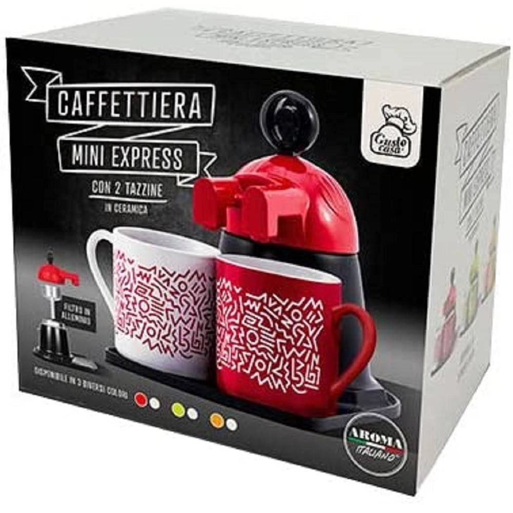 Trade Shop - Caffettiera Mini Express Con 2 Tazze In Ceramica Caffe' Colori Assortiti -