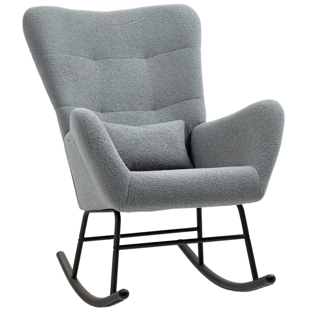 Sedia a dondolo 67x95x100 cm con tasca laterale e schienale imbottito in teddy grigio