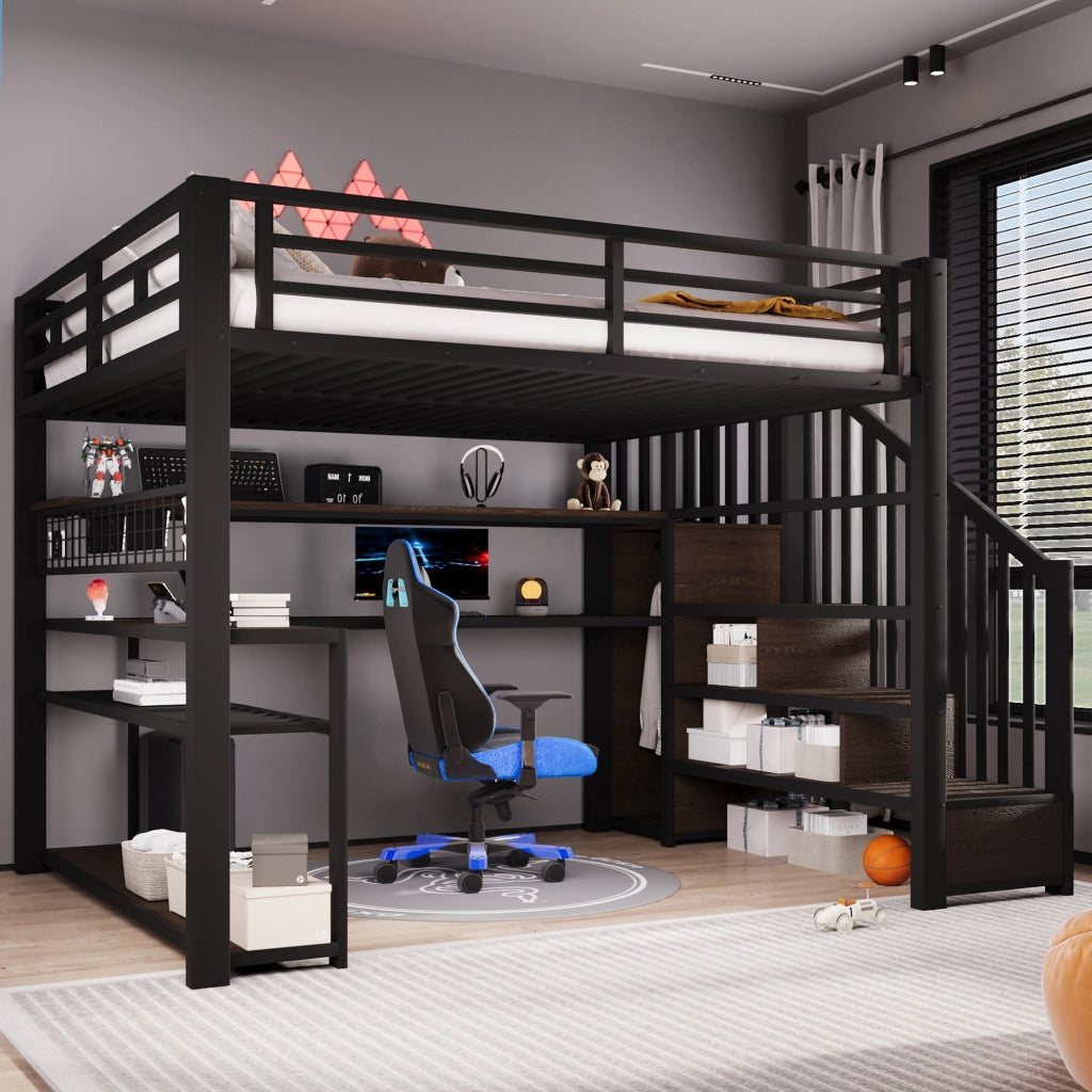 LETTO a soppalco gaming 140x200 cm MDF e metallo nero con LED, scrivania e armadio