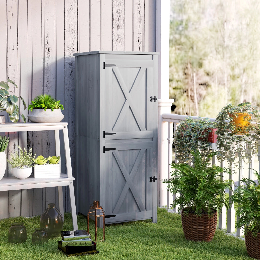 OKWISH Armadio da Giardino con Doppia Porta con Chiavistello e 2 Ripiani Rimovibili, in Legno, Grigio Chiaro, 60 × 60 × 160 cm