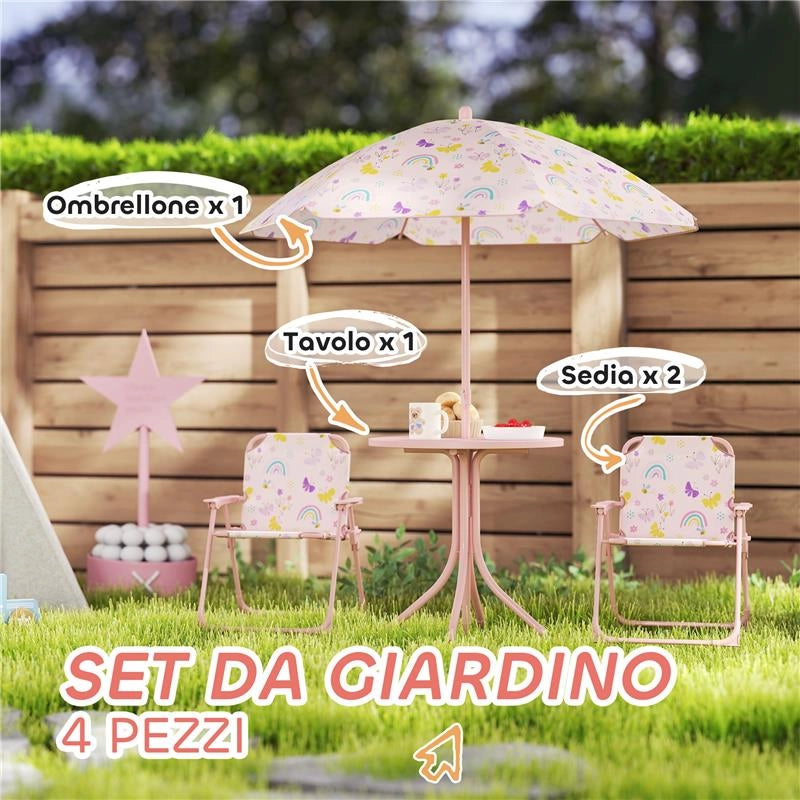 SET DA GIARDINO PER BAMBINI 2-5 ANNI CON TAVOLINO ROTONDO, 2 SEDIE PIEGHEVOLI E UN OMBRELLONE, ROSA