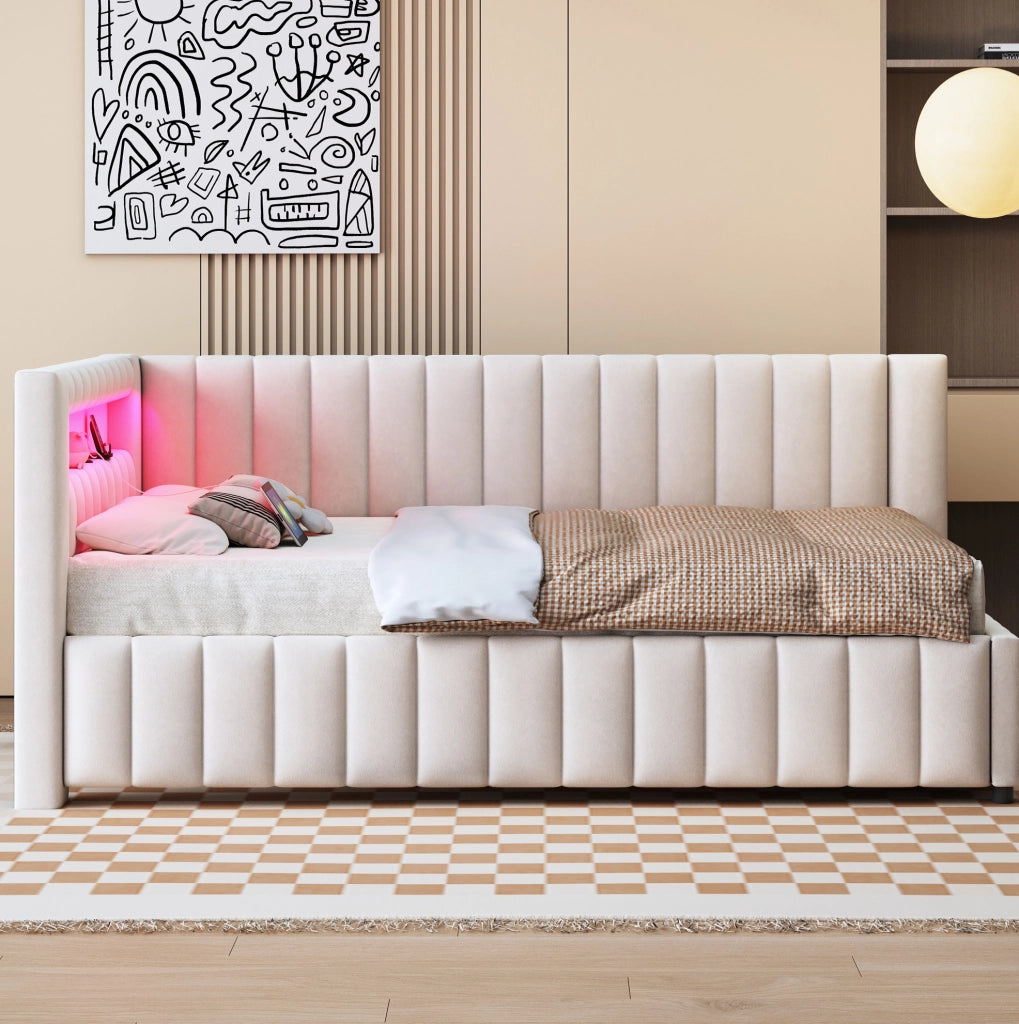 Divano letto angolare imbottito in velluto 140x200 cm con LED; USB e testiera Beige