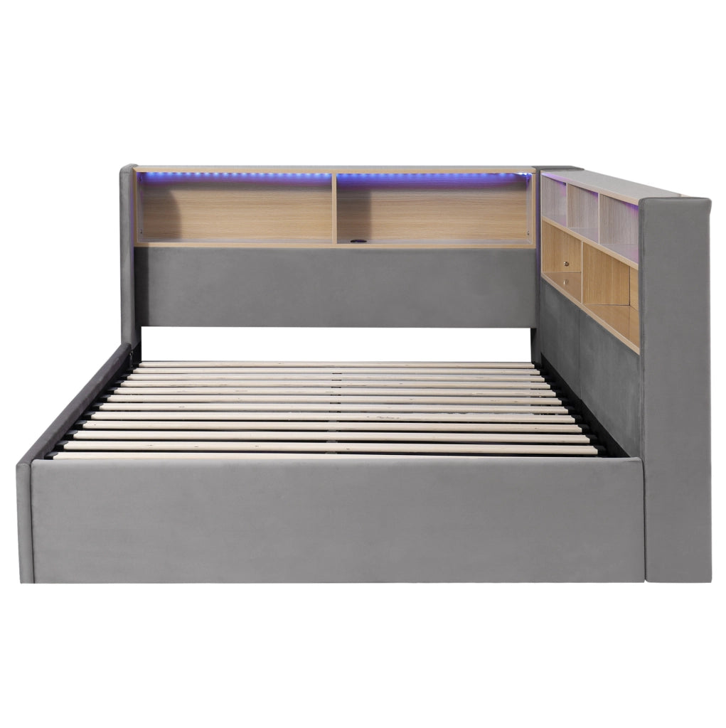Letto imbottito in velluto con contenitore idraulico, LED e ricarica