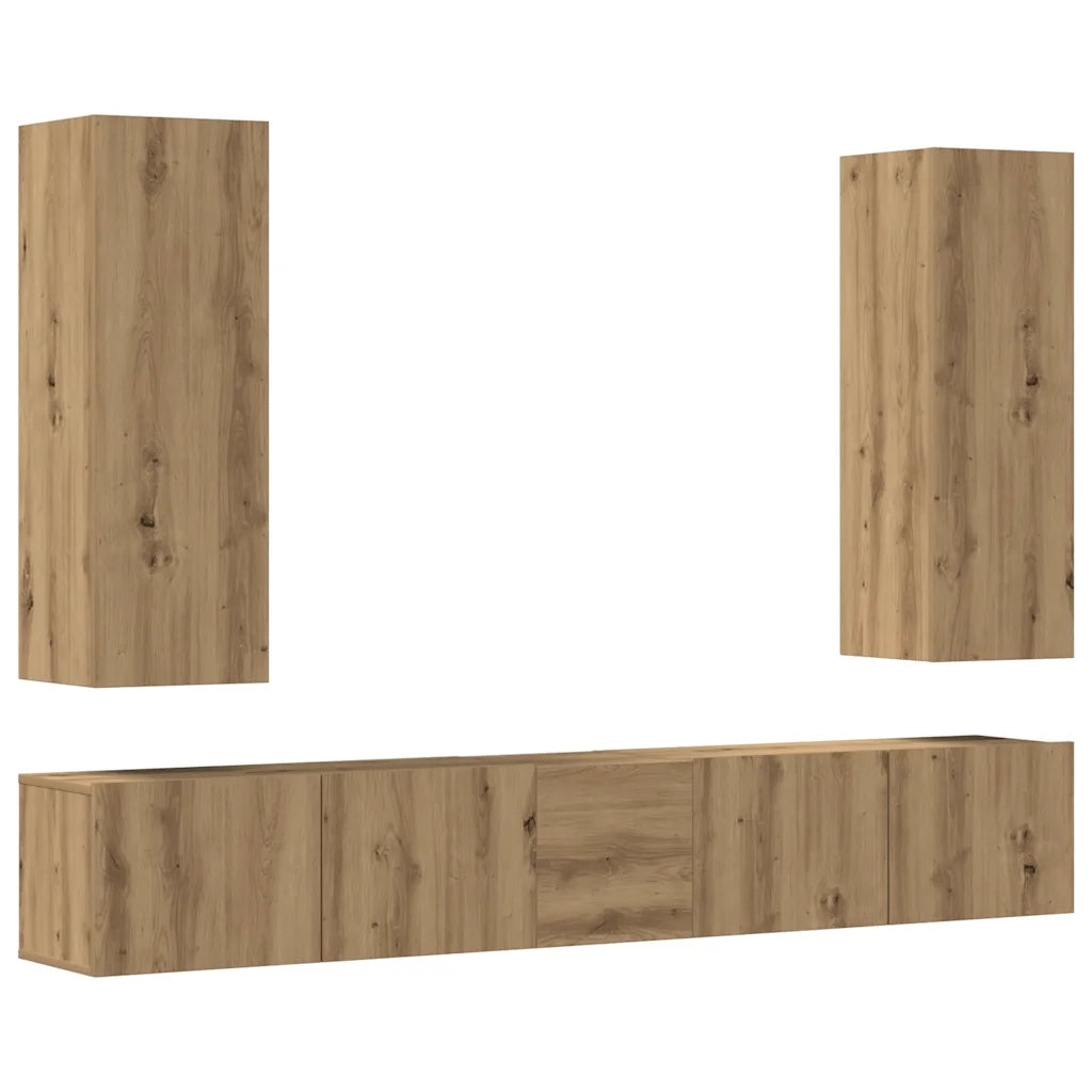 Set Mobile TV 5 pz Montato a Parete Rovere in Legno Multistrato 3329194