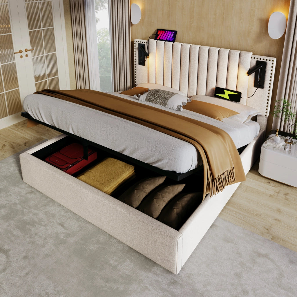Letti contenitori 140x200 cm; testiera regolabile con luce e USB; cotone beige (Senza materasso)