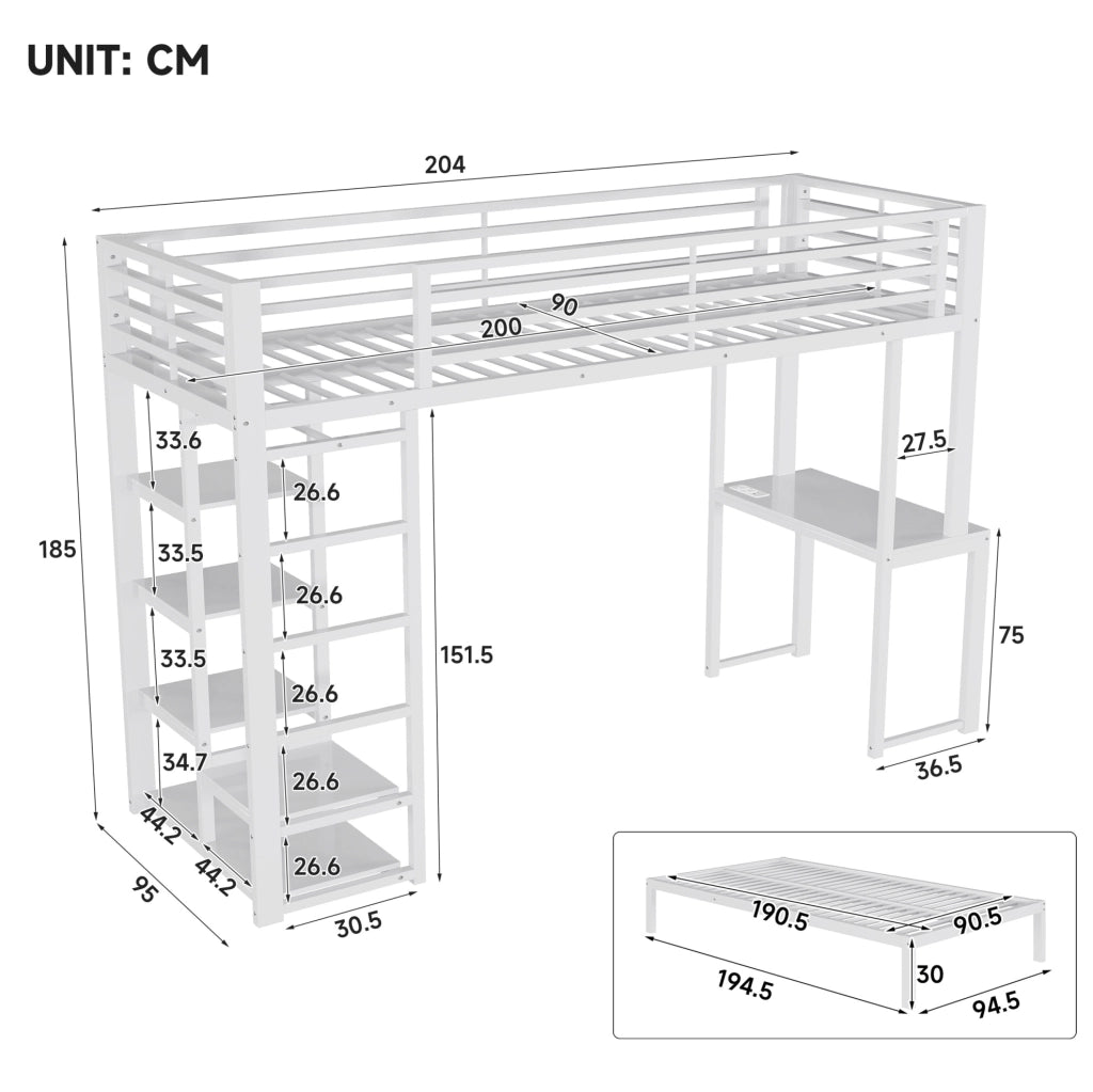 Letto a soppalco 90x200 cm con scrivania; ripiani e vano guardaroba; bianco in MDF e metallo