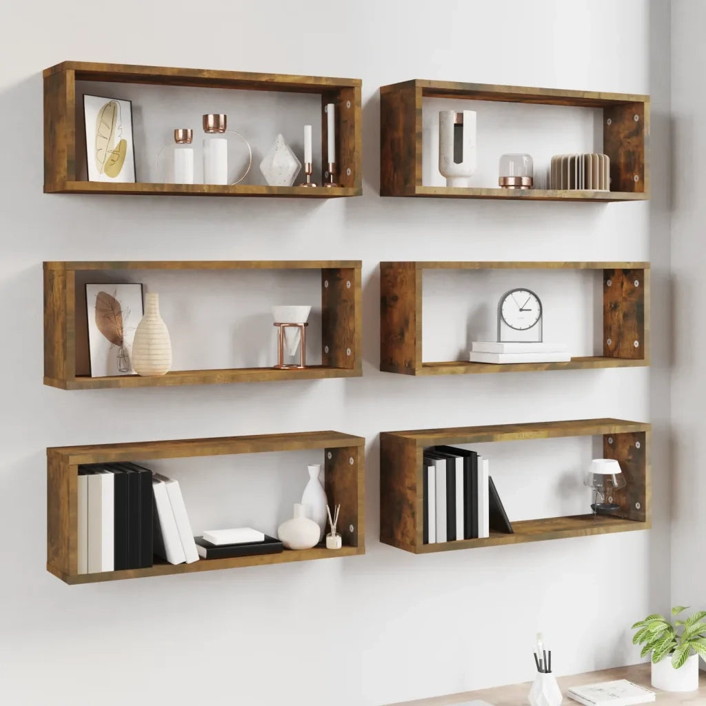 Mensole Parete Cubo 6pz Rovere Fumo 60x15x23 cm in Multistrato 815926
