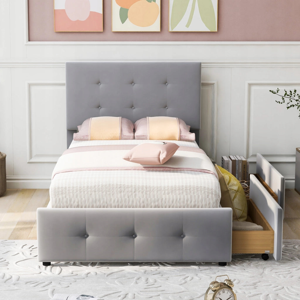 Letto imbottito 90x200 - Xylo - Grigio con cassetti e testiera regolabile
