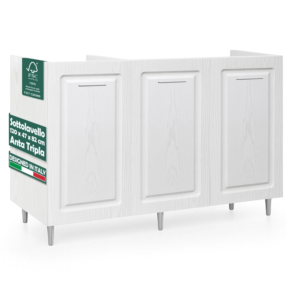Mobile Sottolavello Cucina Componibile in Legno Boiserie Bianco Frassinato 3 Ante