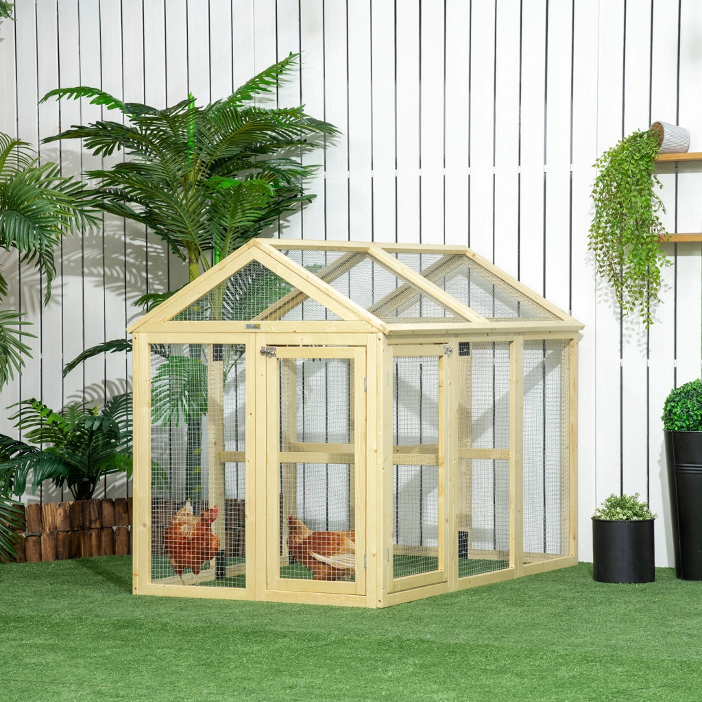 Recinto per Galline all'Aperto 140x88,5x106 cm con Porte Multiple e Rete in Metallo in Legno Naturale