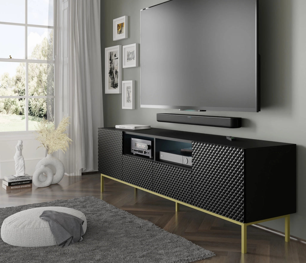 PORTA TV RAVENNA CCK DIAMOND MDF HG TV STAND 2D2S 200 NERO OPACO NERO LUCIDO TELAIO ORO
