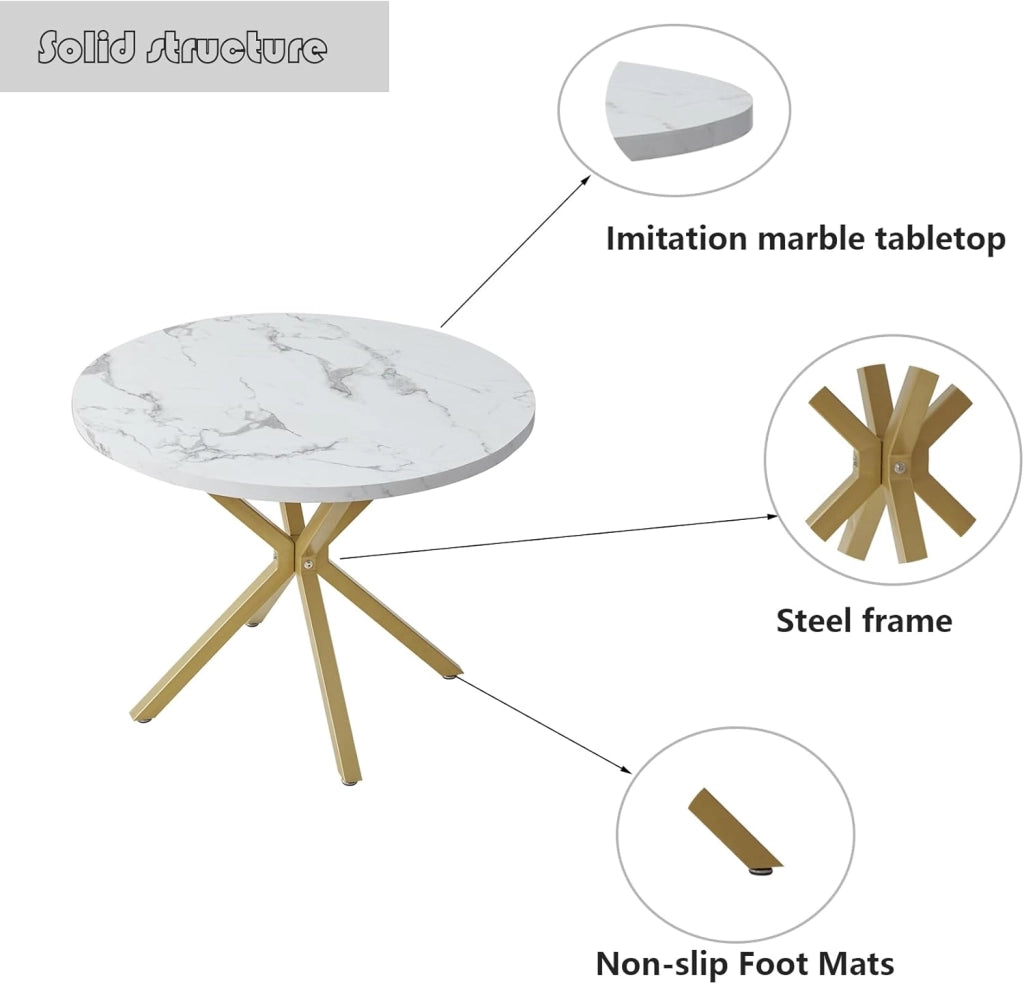 GrandCA HOME Tavolo da Pranzo Rotondo con Piano Moderno Effetto Marmo, Tavolo da Pranzo da Cucina con Quattro Gambe in Metallo, per Sala da Pranzo, Bianco+GDL