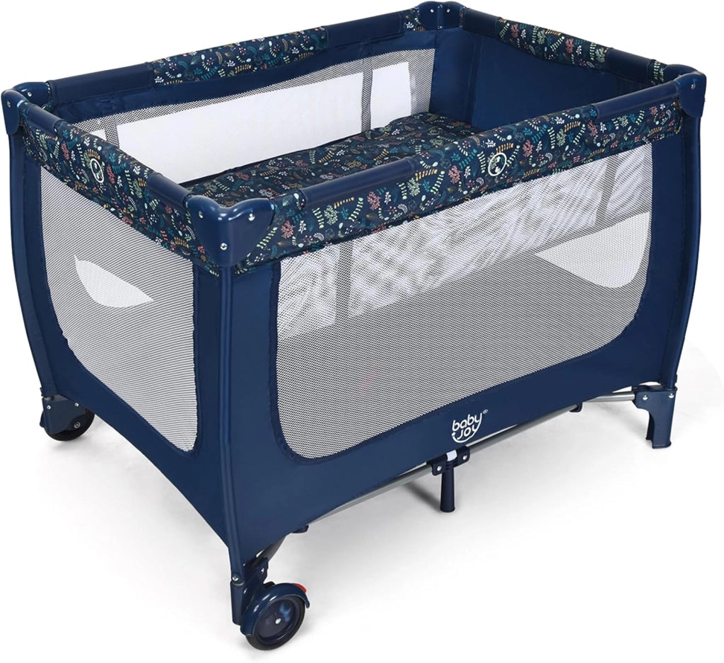 Lettino da Campeggio con Materasso, Lettino per Bambini Pieghevole, Culla da Viaggio Portatile con 2 Ruote, Per Bambini 0-36 Mesi, 125 x 65 x 76 cm (Blu)