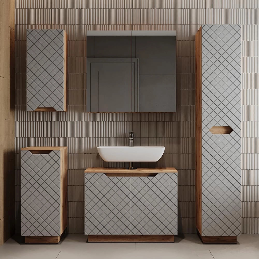 Set di mobili da bagno Lotta, Rovere/grigio con struttura in piastrelle, 3 parti
