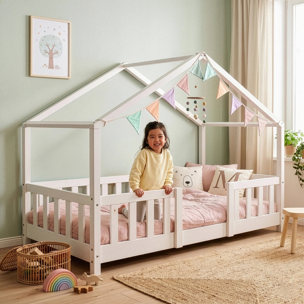 Letto per Cameretta Treviolo a Forma di Casetta in Stile Montessori 80x160 cm Bianco [en.casa]