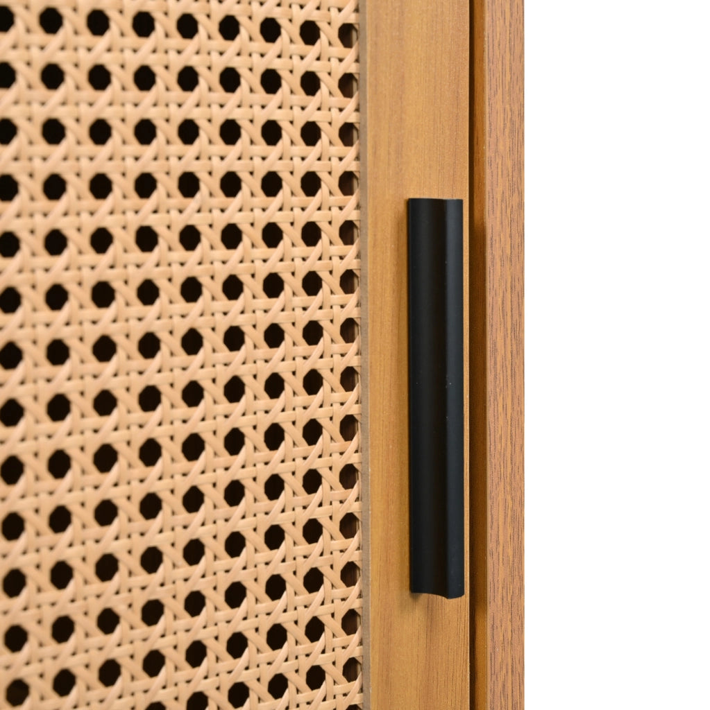Credenza 100x37x90 cm con 2 ante scorrevoli in rattan; pannello truciolare noce
