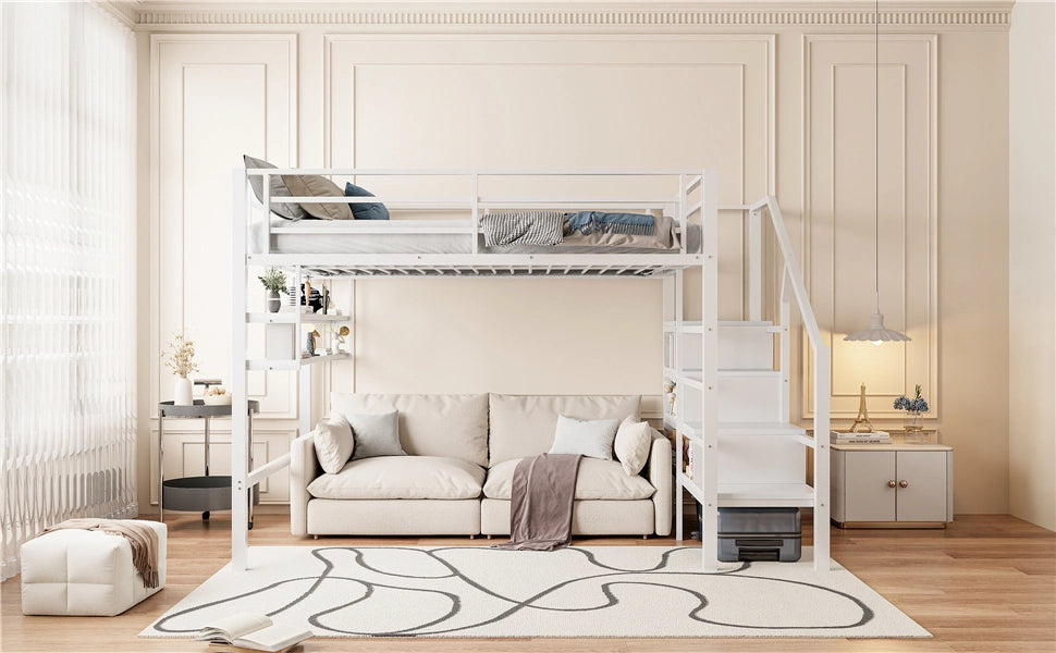 DESMIU Letto a soppalco per bambini 1 posto con scaffali, scala contenitore e sponde 140 × 200 cm, senza materasso